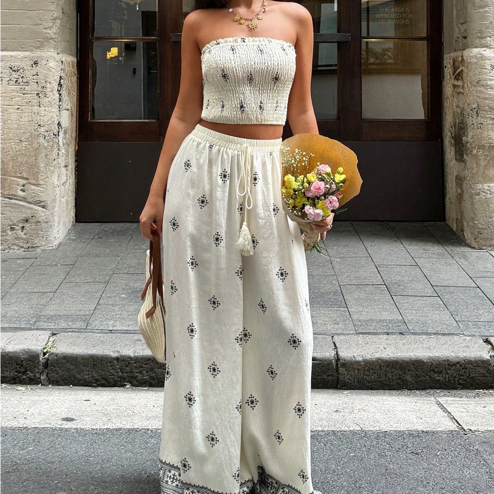 Elegant Cream Patterned Women's Pants